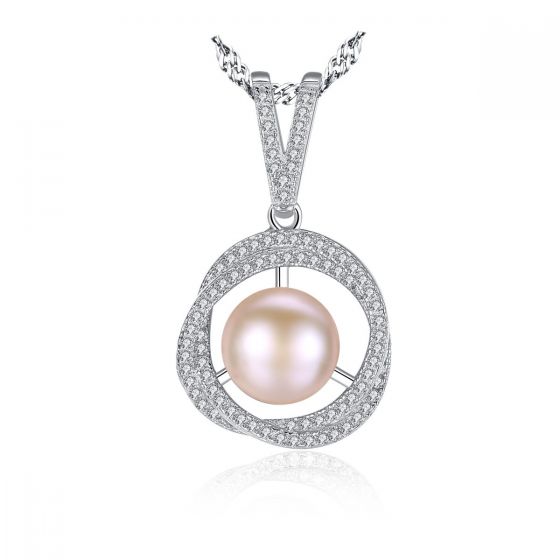 Natural Pearl In Twisted CZ Circle 925 Silver Necklace