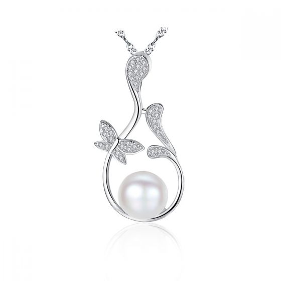 Collar de plata 925 de la rama de la flor perla natural en la flor de la CZ