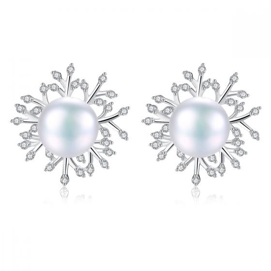 Sweet Natural Pearl Star CZ Flower Solid 925 Sterling Silver Studs Earrings