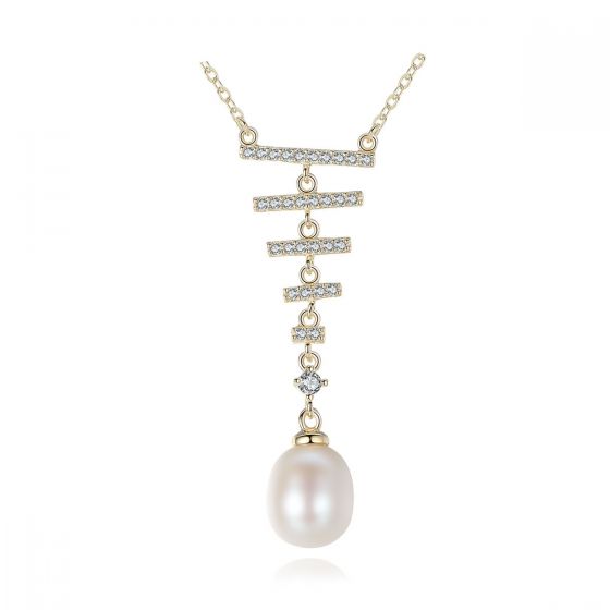 Grace CZ Ladder Natural Pearl 925 Sterling Silver Necklace