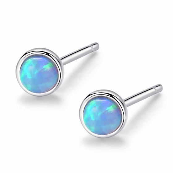 Simple Round Created Opal 925 Sterling Silver Stud Earrings