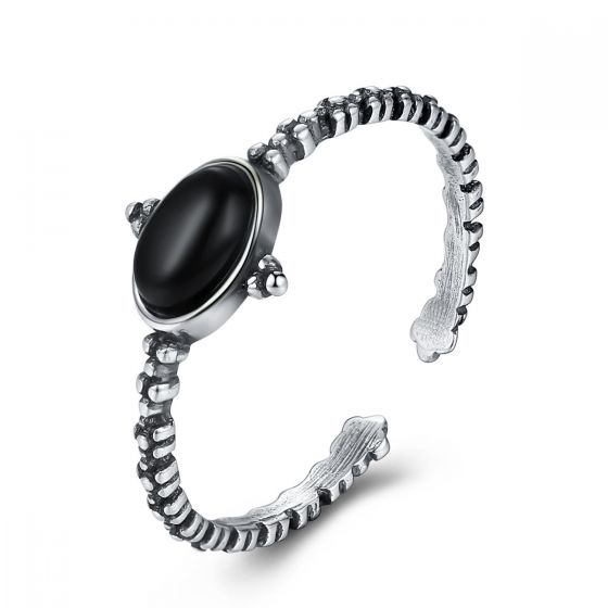 Retro Oval Created Obsidian 925 Sterling Silver Adjustable Ring