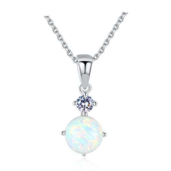 Simple Round Created Opal CZ 925 Sterling Silver Necklace