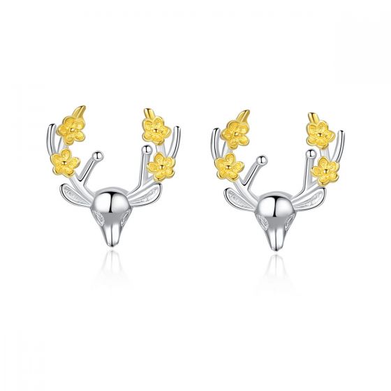Cute Flower Elk Deer Head 925 Sterling Silver Studs Earrings