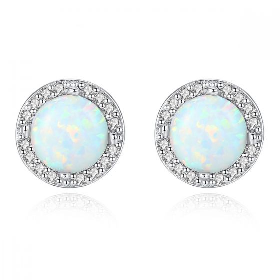 Beautiful Round CZ Created Opal 925 Sterling Silver Studs Earrings