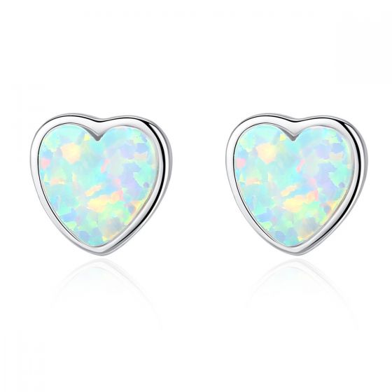 Classic Round Heart Created Opal 925 Sterling Silver Studs Earrings