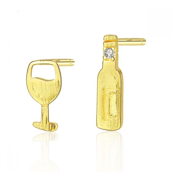 Asymmetric Wine Glass Bottle 925 Sterling Silver Studs Earrings