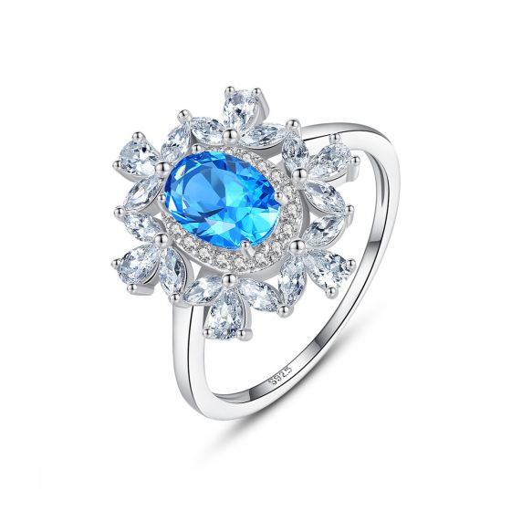 Graduation Oval Created Gemstone CZ Flowers 925 Sterling Silver Ring