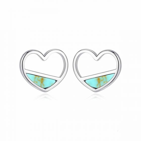 Cute Created Turquoise Hollow Heart 925 Sterling Silver Studs Earrings