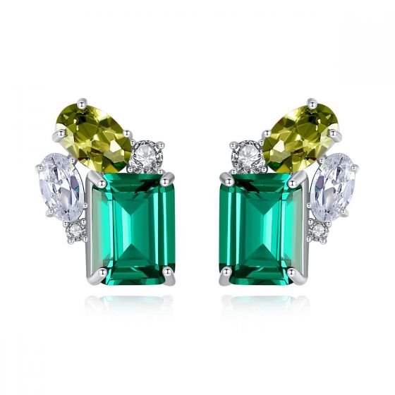 Elegant Green CZ Geometry Rectangle 925 Sterling Silver Stud Earrings