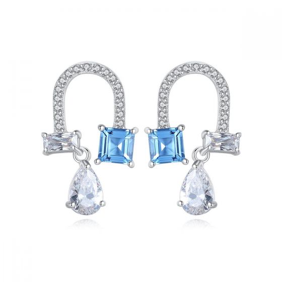 Elegant Blue Created Topaz Waterdrop CZ U Shape 925 Sterling Silver Dangling Earrings