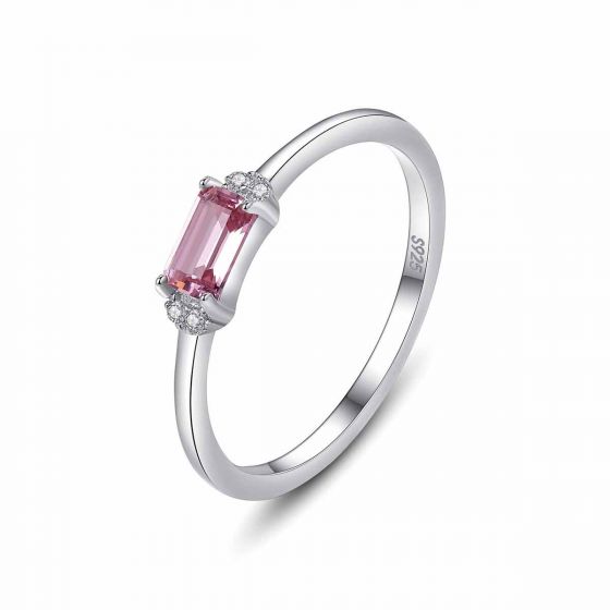 Women Pink Baguette CZ Geometry 925 Sterling Silver Ring