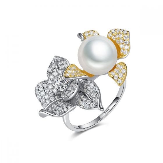 Элегантное регулируемое кольцо с натуральным жемчугом CZ Rose Flowers из стерлингового серебра 925 пробы