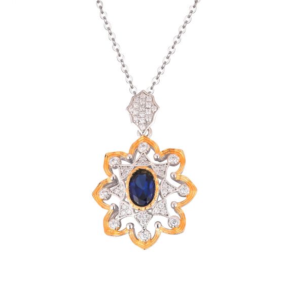 Hot Oval Created Sapphire CZ Flower 925 Sterling Silver Pendant
