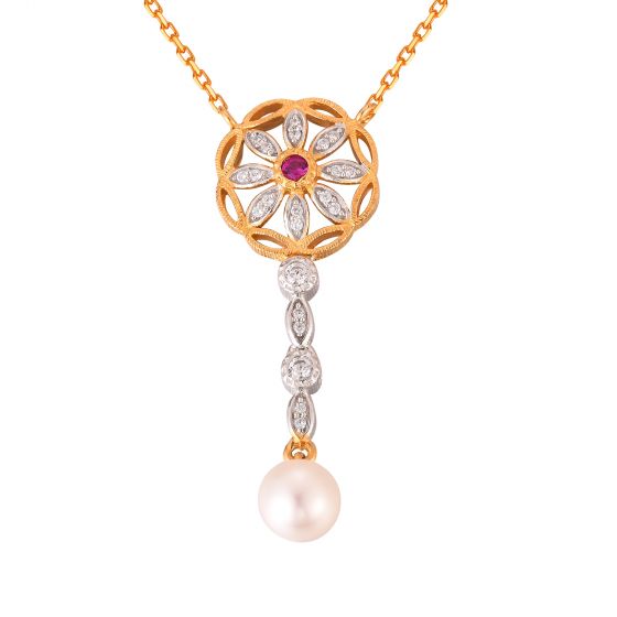 Elegant Created Ruby CZ Flower Natural Pearl 925 Sterling Silver Necklace