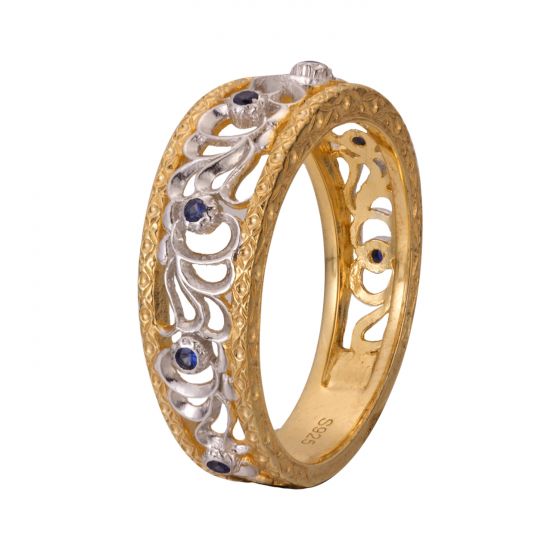Hermoso anillo de plata esterlina de flor hueca de zafiro creado 925