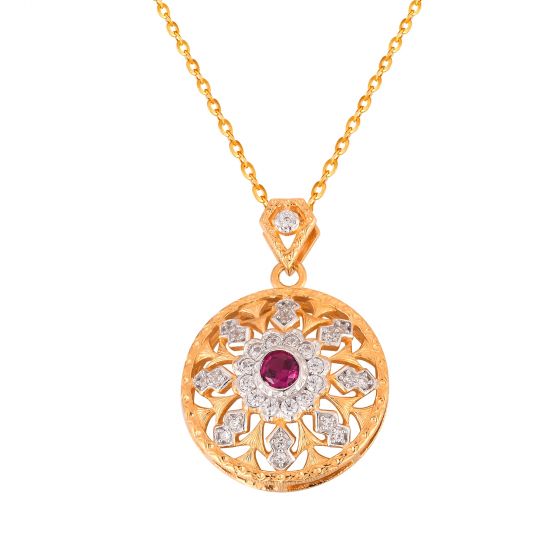 Beautiful Created Ruby CZ Sunflower 925 Sterling Silver Pendant