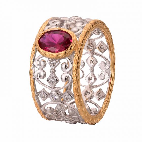Holiday Oval Created Ruby Hollow Carved 925 Sterling Silver Ring