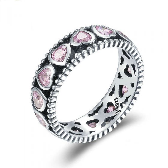Love Fashion n Heart Pink 925 Sterling Silver CZ Ring