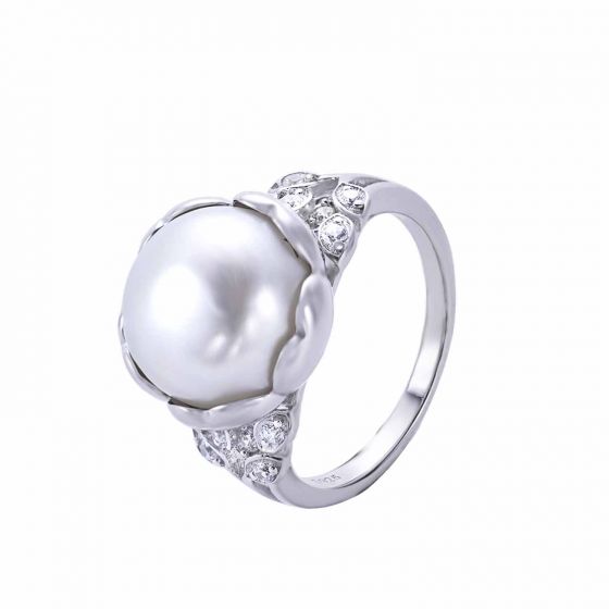 Anillo de perlas blanco natural de plata de ley 925 de moda simple flor de moda