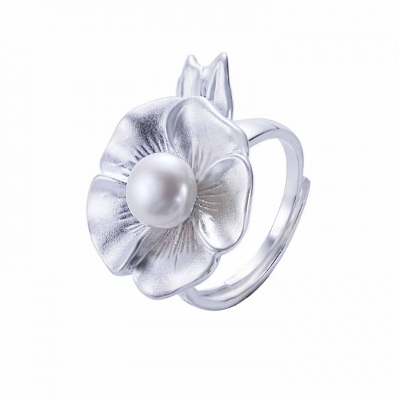 Серебряный лотос Лист Естественный белый жемчуг Регулируемое кольцо из стерлингового серебра 925