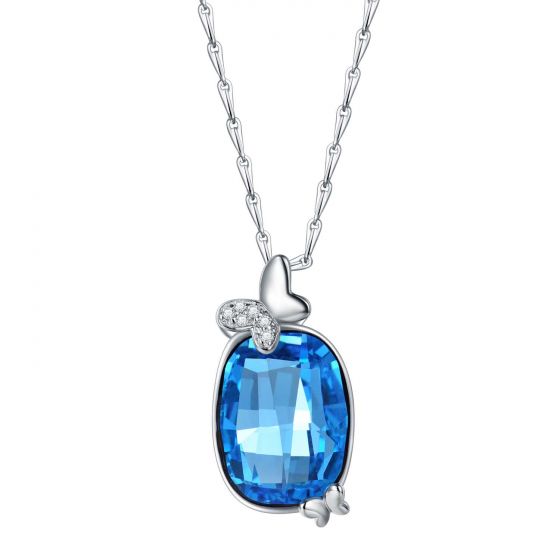 Fashion Butterfly Blue Oval Austrian Crystal CZ 925 Sterling Silver Necklace