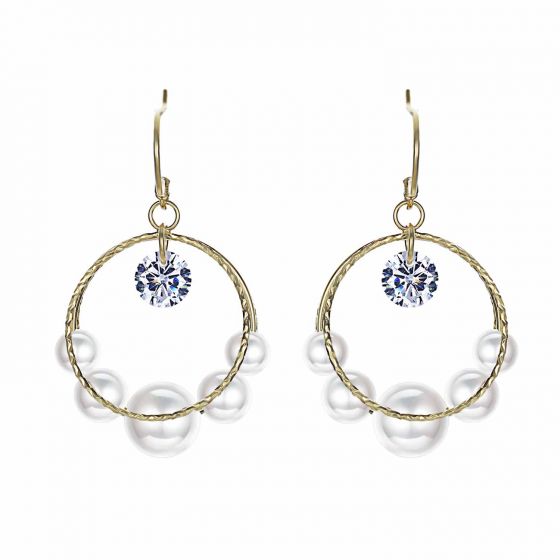 Lady Double Shell Pearls Circles CZ 925 Sterling Silver Dangling Earrings