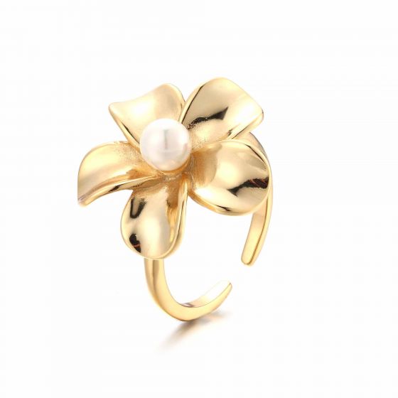 Hermoso anillo ajustable de plata de ley 925 con perla y flor de oro