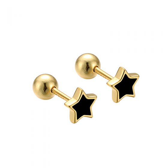 Casual Black Epoxy Star Gold Border 925 Sterling Silver Screw Stud Earrings