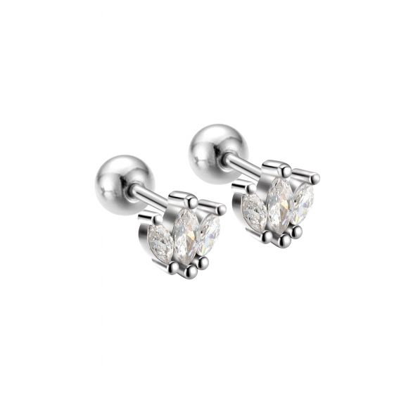 Mini Oval Leaf CZ Crown Women 925 Sterling Silver Stud Earrings