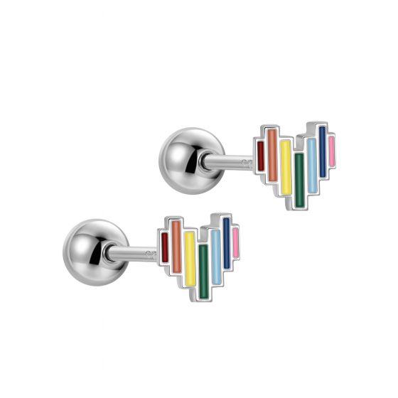 Colorful Rainbow Digital Heart 925 Sterling Silver Screw Stud Earrings