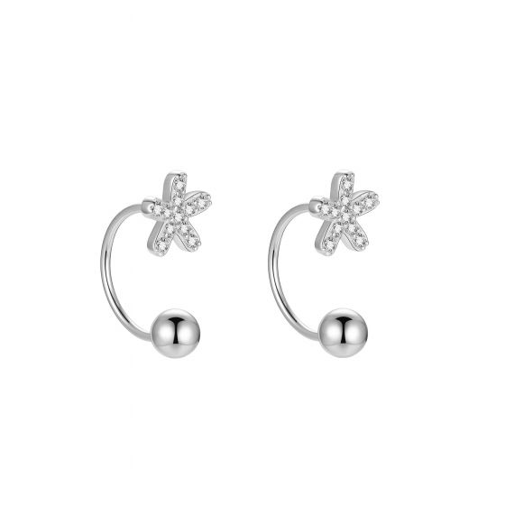 Girl CZ Flowers Beads Barbell 925 Sterling Silver Screw Stud Earrings