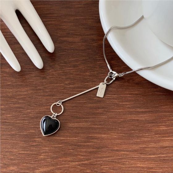 Office Black Epoxy Heart Love Promise 925 Sterling Silver Necklace