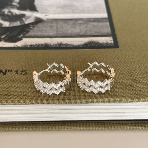 Women Double CZ Water Waves 925 Sterling Silver Hoop Earrings