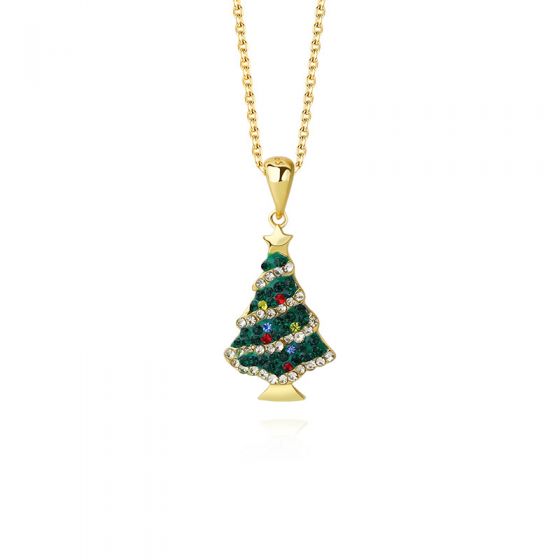 Holiday Gift Colorful CZ Green Christmas Tree 925 Sterling Silver Necklace