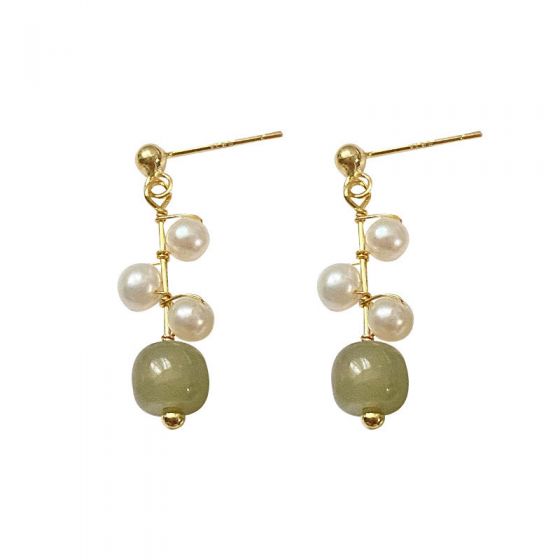 Elegant Green Agate Shell Pearls 925 Sterling Silver Dangling Earrings