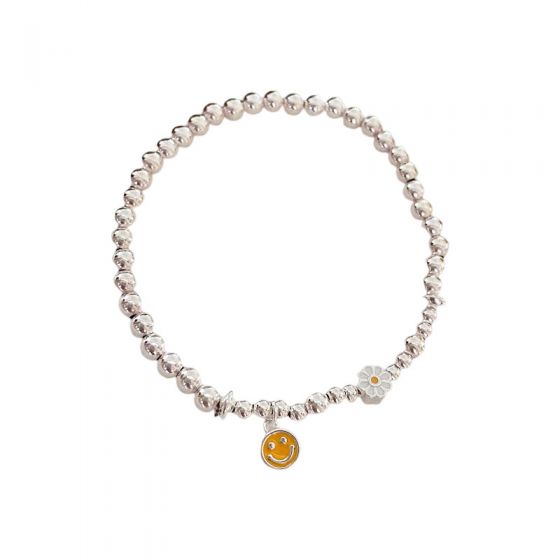 Girl Smile Face Daisy Flowers Beads 925 Sterling Silver Bracelet