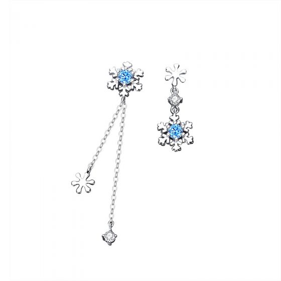 Holiday Blue CZ Snowflakes Asymmetry 925 Sterling Silver Dangling Earrings