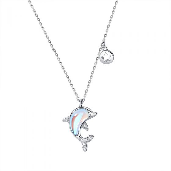 New Created Moonstone Dolphin Animal CZ 925 Sterling Silver Necklace