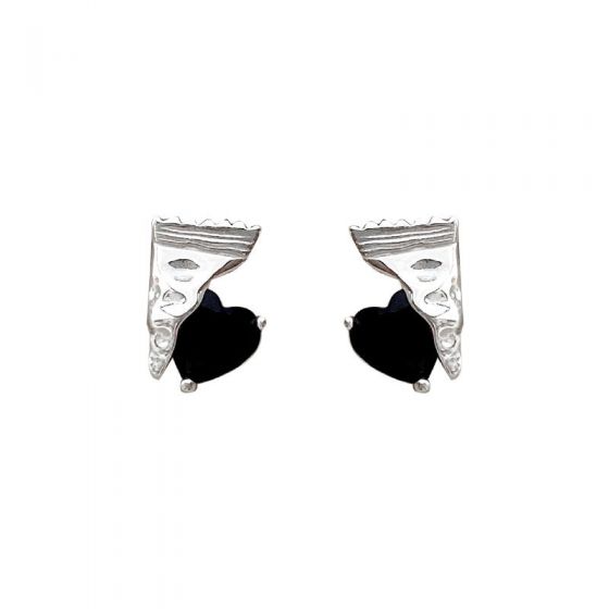 Party Black CZ Heart Open Candy 925 Sterling Silver Stud Earrings