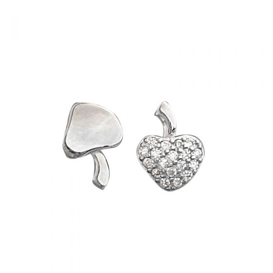 Cute Asymmetry CZ Heart Mushroom 925 Sterling Silver Stud Earrings