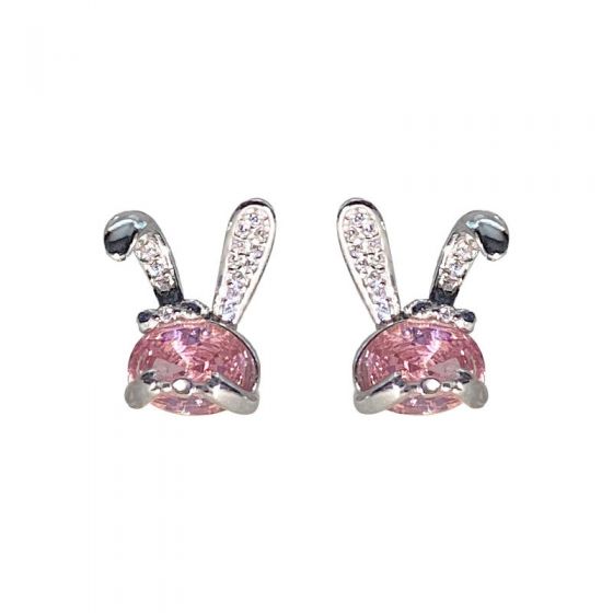 Cute Pink CZ Bunny Rabbit 925 Sterling Silver Stud Earrings