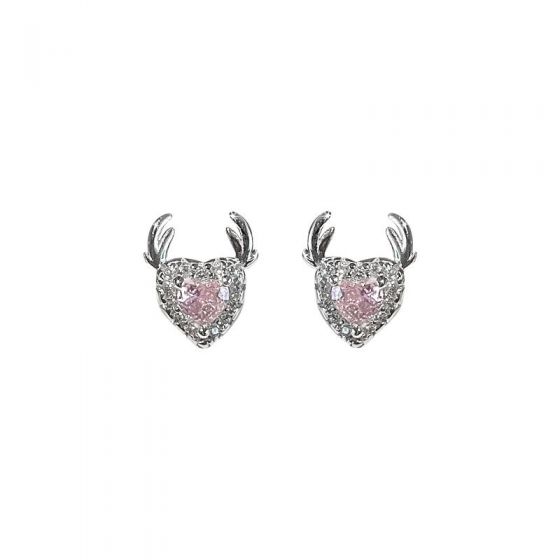 Christmas Pink CZ Elk 925 Sterling Silver Stud Earrings