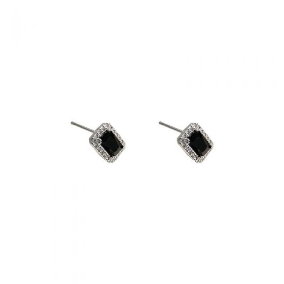 Elegant Black CZ Baguette Geometry 925 Sterling Silver Stud Earrings