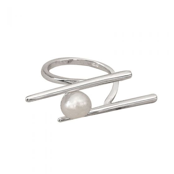 Fashion Round Shell Pearl Chopsticks 925 Sterling Silver Adjustable Ring