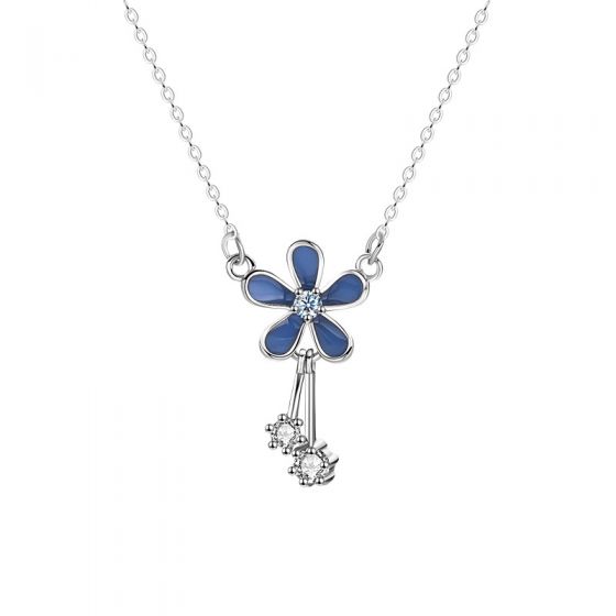 Lady Blue Flower CZ Tassels S999 Sterling Silver Necklace