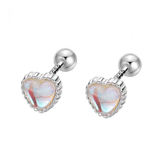 Cute Created Moonstone Heart 999 Sterling Silver Stud Earrings