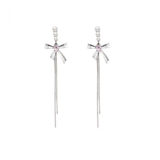 Beautiful Pink CZ Heart Bow-Knot Tassels Shell Pearls 925 Sterling Silver Dangling Earrings