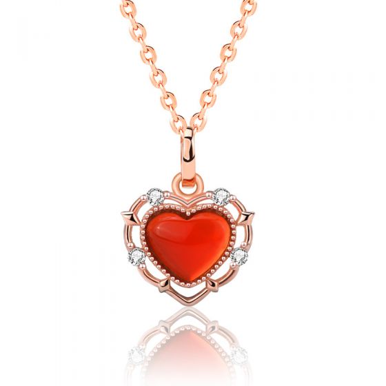 Women Red Agate Heart CZ Hollow Border 925 Sterling Silver Necklace