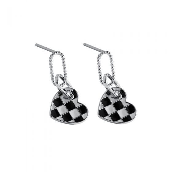 Women Chessboard Heart Hollow Chain 925 Sterling Silver Dangling Earrings